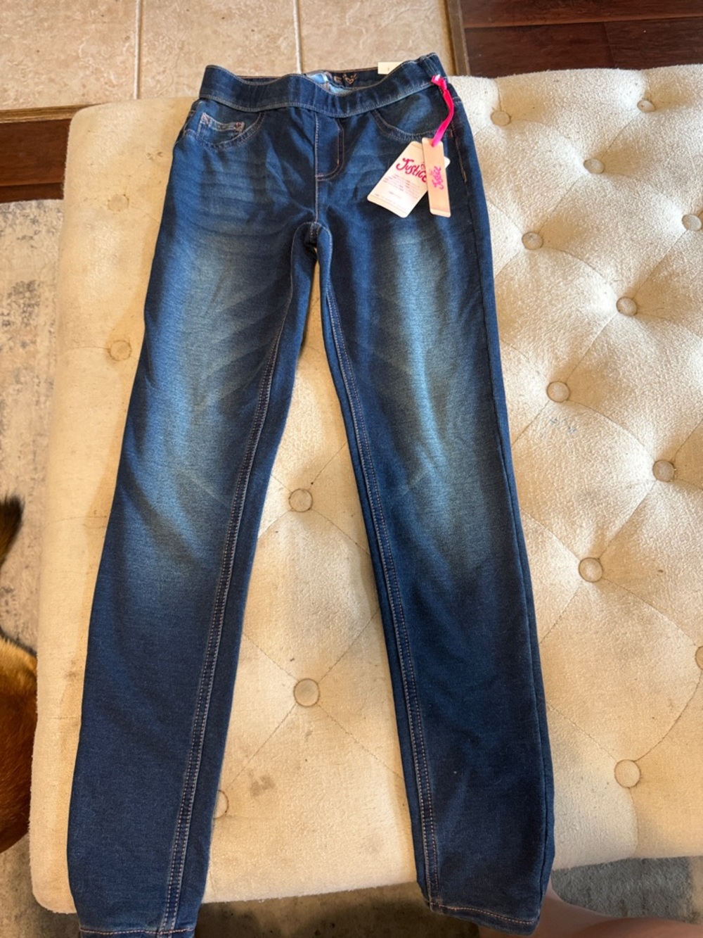 Janie and Jack Dark Blue Denim-Look Jeggings with Pink Tag
